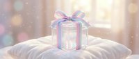 White gift box with holographic ribbon on soft pillow against dreamy bokeh background with sparkling lights for holiday celebrations and special occasions.