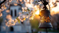 Decorative lantern glowing at sunset among blooming cherry blossoms, creating magical spring atmosphere with warm bokeh lights and soft petals.