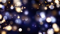Magical glowing bokeh lights on dark blue background with golden sparkles and blurred circles creating dreamy festive atmosphere.