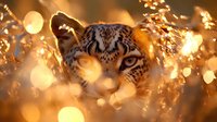 Mysterious leopard face peering through golden bokeh lights and glowing branches creates magical wildlife atmosphere for nature and fantasy designs.