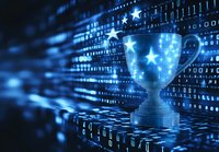 Digital trophy with glowing stars against binary code background in blue technology theme, representing online achievement and digital success.