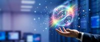 Businessman hand holding glowing holographic sphere with financial charts and growth graphs, representing digital business analytics, data visualization, and technology innovation in corporate environment.