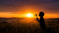 Woman blowing dandelion seeds at golden sunset in meadow, silhouetted against warm sky with mountains in distance, symbolizing wishes and freedom.