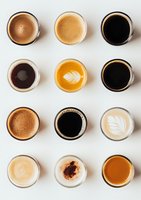 Twelve coffee cups arranged in grid pattern showing various coffee types including espresso, latte, cappuccino and americano on white background for cafe menu design.