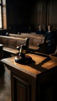 Wooden gavel on judge bench in courtroom with blurred jury and spectators in background for legal proceedings and justice system concepts.