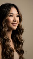 Young Asian woman with long wavy brown hair smiling warmly at camera against neutral beige background for beauty and lifestyle content.