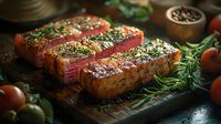 Juicy grilled beef steak slices with herbs and spices on wooden cutting board, surrounded by fresh tomatoes and rosemary for gourmet cooking.