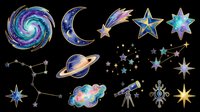 Celestial clipart set with galaxy, moon, stars, planet, telescope, and constellations in blue and gold, isolated on transparent background for stickers, sublimation, and t-shirt design.