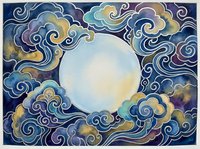 Watercolor moon surrounded by swirling clouds in traditional Asian art style with blue purple and gold tones for meditation and spiritual designs.