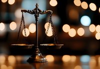 Decorative scales of justice silhouetted against warm bokeh lights background, symbolizing law, balance and legal proceedings in atmospheric setting.