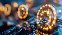 Glowing cryptocurrency coins with digital circuit patterns and warm bokeh lights creating futuristic blockchain technology atmosphere for financial presentations.