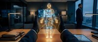 Futuristic holographic human anatomy projection in modern conference room with businessman presenting medical technology for healthcare innovation and digital transformation.