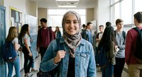 Young Muslim woman in hijab and denim jacket smiling confidently in busy school hallway with diverse students walking between classes during break time.