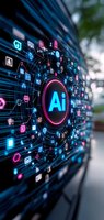 Glowing AI symbol surrounded by network of digital icons and connections in neon blue and pink colors against dark background, representing artificial intelligence.