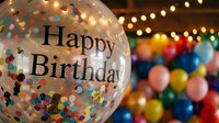 Transparent confetti balloon with Happy Birthday text surrounded by colorful balloons and festive string lights at a party celebration.