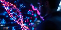 Glowing DNA helix structure in pink and blue neon colors against dark background with scientist silhouette examining genetic code visualization in laboratory.