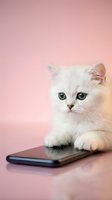 White fluffy cat with green eyes looking at smartphone on pink background. Cute kitten using mobile device for communication, entertainment, technology concept.