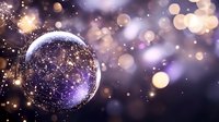 Glowing purple sphere with golden light network connections floating in bokeh background with sparkling particles and warm ambient lighting effects.