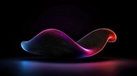 Glowing abstract wave form with gradient colors from blue to pink and orange floating in dark space, digital art visualization with light effects and smooth curves.