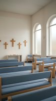 Modern minimalist church interior with wooden crosses on wall, blue pews and arched windows creating peaceful worship space for religious services.