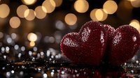 Two red glittery hearts on dark reflective surface with golden bokeh lights in background creating romantic Valentine's Day atmosphere.
