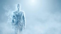 Ethereal male figure dissolving into blue mist and clouds, representing transformation, spirituality, and transcendence for wellness and meditation concepts.