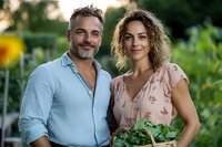 Mature Caucasian couple harvesting fresh vegetables in community garden. Woman holding basket of leafy greens while man smiles warmly. Natural outdoor setting.