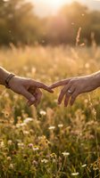 Couple with wedding rings touching fingers in wildflower meadow at golden hour sunset, symbolizing love, commitment and romance in nature setting.