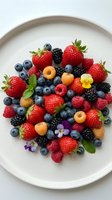 Fresh mixed berries on white plate with strawberries blueberries blackberries raspberries mint leaves and edible flowers for healthy eating and desserts.