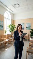 Professional businesswoman using tablet in modern medical office waiting room with wooden chairs and plants for healthcare technology applications.