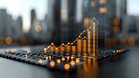 Glowing golden financial graph showing upward trend with blurred city skyline background, reflecting market growth and business success in modern urban setting.