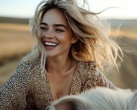 Young Caucasian woman with blonde windswept hair laughing outdoors at sunset, wearing polka dot dress, expressing genuine joy and happiness in natural lighting.