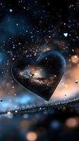 Cosmic heart shape filled with galaxy and stars against dark background with glowing particles and bokeh lights, romantic space concept for valentines designs.