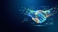 Digital handshake with glowing network connections and data particles on dark blue background representing business partnership and technology collaboration.