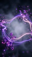 Abstract purple flowing waves with glowing particles and bokeh lights on dark background for digital design and modern technology concepts.