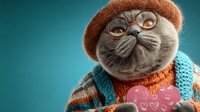 Adorable gray cat wearing glasses, knitted sweater and hat holding pink heart, perfect for Valentine's Day greeting cards and romantic designs.