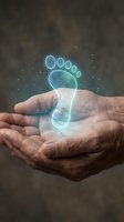Hands holding glowing neon footprint hologram with digital particles, representing biometric identification, healthcare technology, and digital security solutions.