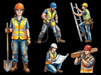 Construction worker characters in safety gear isolated on transparent background, ready for t-shirt design, clipart, stickers, print-on-demand products and sublimation projects.