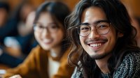 Young Asian man with long hair and glasses smiling in university lecture hall with diverse students studying in background for education concepts.