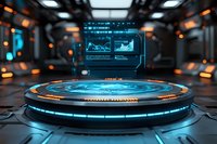 Futuristic circular platform with glowing blue holographic display and financial charts in dark sci-fi interior with ambient lighting and digital interface panels.