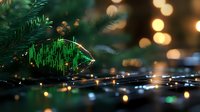Glowing green cryptocurrency trading chart ornament on Christmas tree with bokeh lights and pine branches creating festive financial holiday atmosphere.