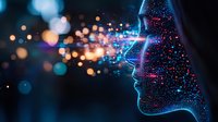 Digital profile of face silhouette with glowing particles and bokeh lights creating futuristic technological effect against dark background.