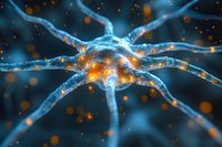 Glowing neuron cell with synaptic connections in blue and orange colors showing electrical activity and neural network communication in brain science visualization.