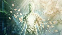 Futuristic humanoid figure dissolving into digital particles with glowing light rays and geometric grid patterns in green and gold tones.