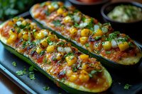 Stuffed zucchini boats filled with colorful vegetables, corn and herbs on dark plate. Healthy vegetarian dinner recipe for Mediterranean cuisine lovers.