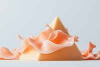 Soft peach-colored abstract waves flow around geometric pyramid shape on light background, creating elegant minimalist composition with gentle curves and shadows.