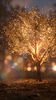 Glowing tree with luminous golden particles dispersing from branches against soft bokeh background, suitable for fantasy, magic, and inspirational design projects.