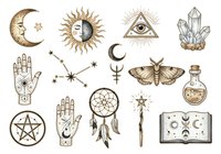 Mystical occult symbols including crescent moons, sun, eye, crystals, moth, dreamcatcher, pentagram, hands with celestial markings, potion bottle and grimoire book. Ideal for spiritual, witchcraft and esoteric design projects.