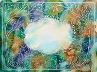 Watercolor floral frame with decorative botanical elements and swirls in vibrant colors, featuring central copy space for text or design projects.