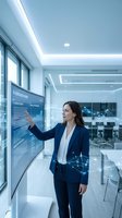 Professional businesswoman in navy suit presenting data analytics on interactive digital display in modern corporate office environment for business presentations.